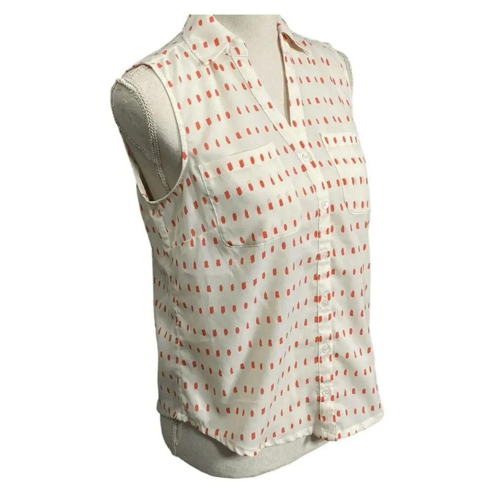 Talbots Nantucket Women's Cream & Orange Dotted Sleeveless Button-Down Blouse SM - Picture 2 of 13